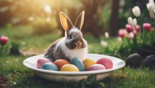 Photo cute little rabbit and eggs in white plate in spring garden easter holiday theme concept