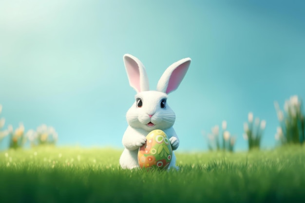 Cute little rabbit holding Easter egg White adorable bunny sitting in green grass Generate ai