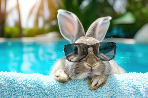 사진 푸른 수건으로 수영장에서 선글라스를 입은 귀여운 작은 토끼