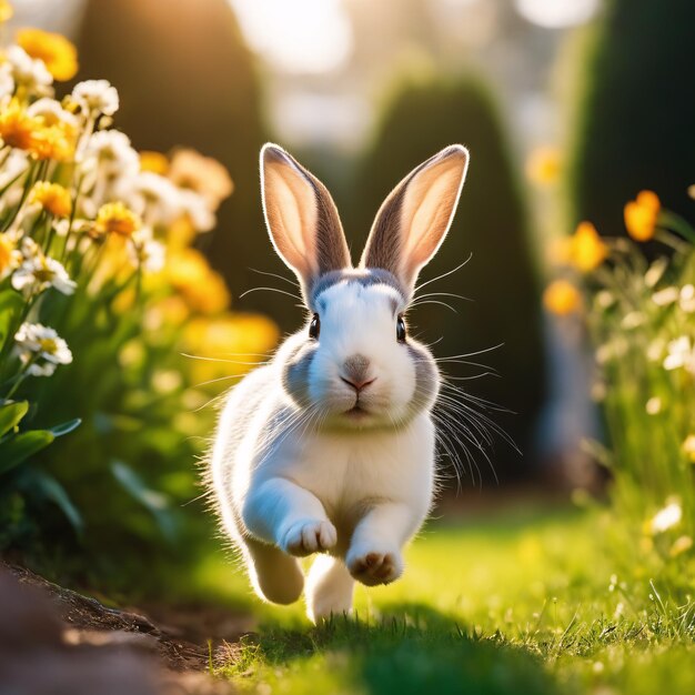 Photo cute little rabbit running in the garden