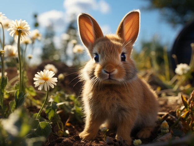 은 날 잔디에 앉아있는 귀여운 작은 토끼