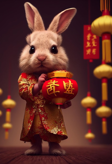 Cute little rabbit waring a chinese suite for chinese festival