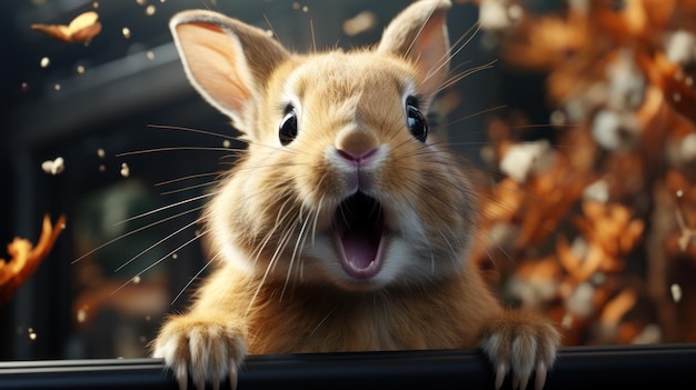 Photo cute little rabbit on window sill closeup easter celebration
