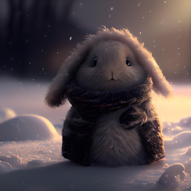 Cute little rabbit in winter forest Christmas and New Year concept