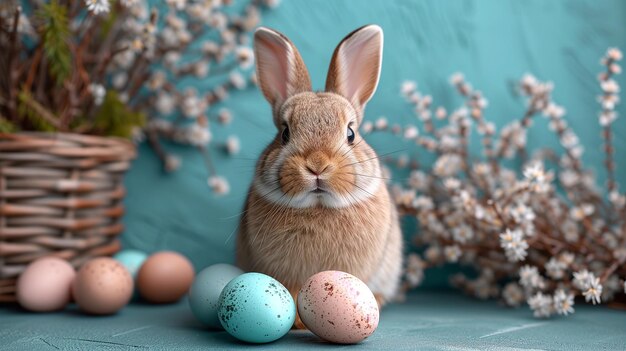 Photo cute little rabbit with easter eggs on a blue background closeup