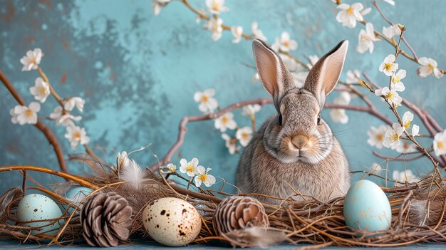 Photo cute little rabbit with easter eggs on a blue background closeup