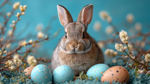 Photo cute little rabbit with easter eggs on a blue background closeup