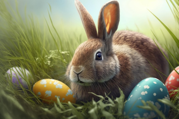 Cute little rabbit with Easter eggs in flowers meadow AI Generative