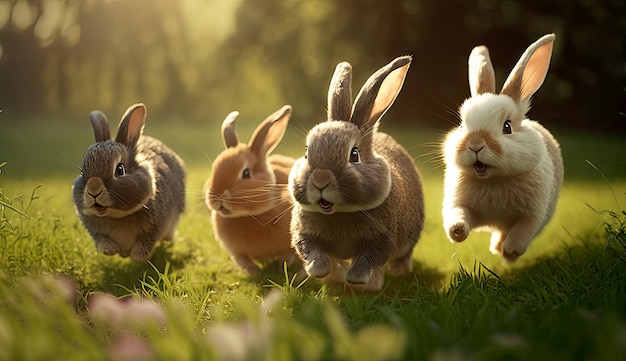 햇빛과 함께 아침에 풀밭 마당에서 달리는 귀여운 작은 토끼들은 Generative Ai를 즐깁니다.