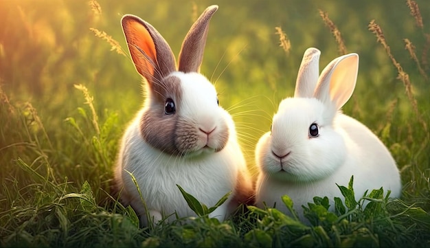 Cute little rabbits running on grass field yard in the morning with sunlight enjoy Generative Ai