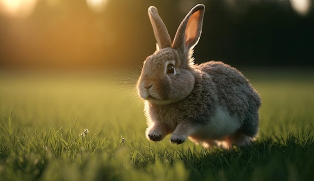 Cute little rabbits running on grass field yard in the morning with sunlight enjoy Generative Ai