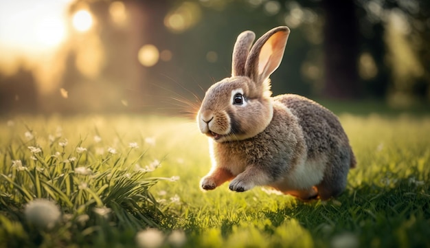 ジェネレーティブ ai を楽しむ朝の日差しと芝生のフィールド ヤードで実行されているかわいいウサギ