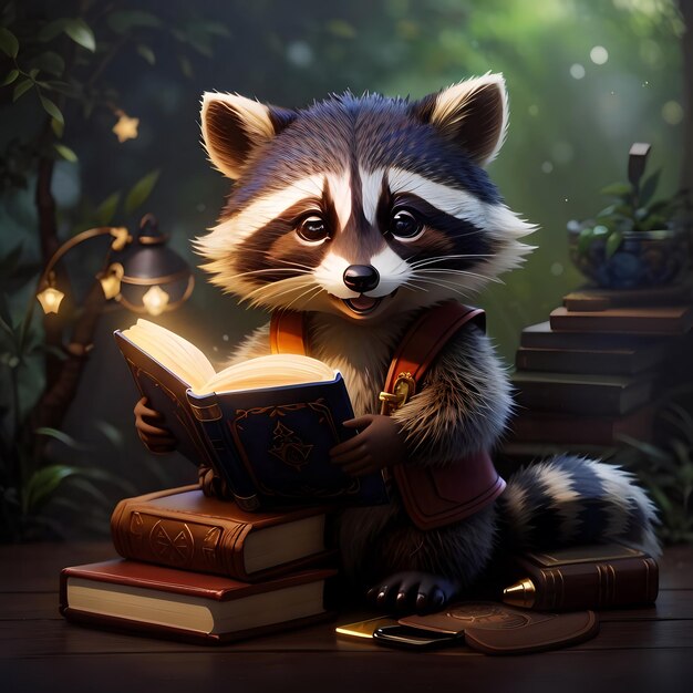 cute little raccoon who stole a magic book generative ai