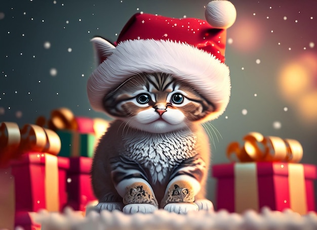 Cute little red kitten in Santa hat isolated on white