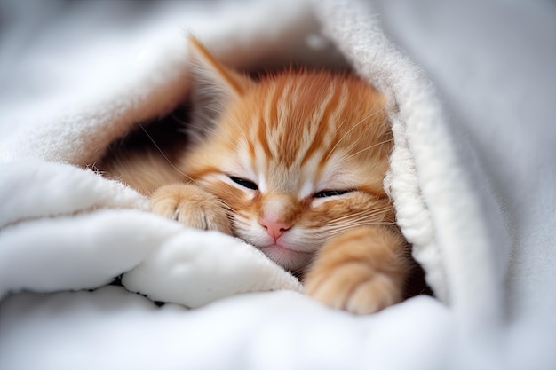 Милый маленький рыжий котенок спит на меховом белом одеяле