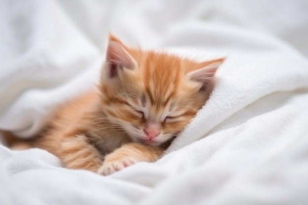 Cute little red kitten sleeps on fur white blanket