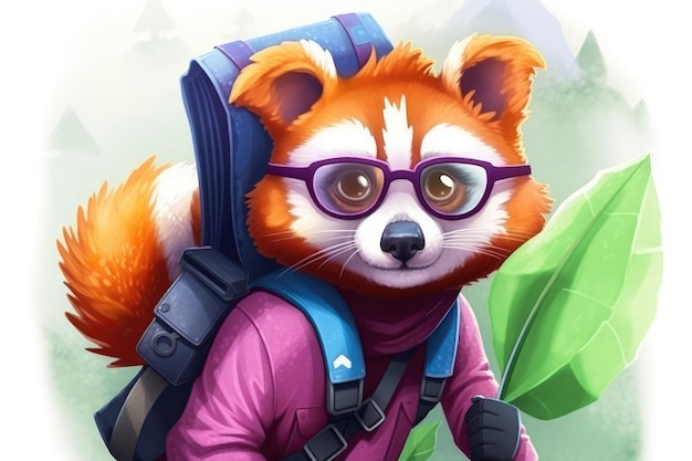 Cute little red panda tourist exploring the world with backpacking