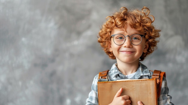 灰色の壁の背景に立っているバックパックの本を眼鏡をかぶった可愛い赤毛の少年