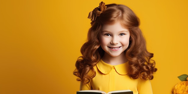 Cute little redhaired girl on an orange background High quality photo Generative AI