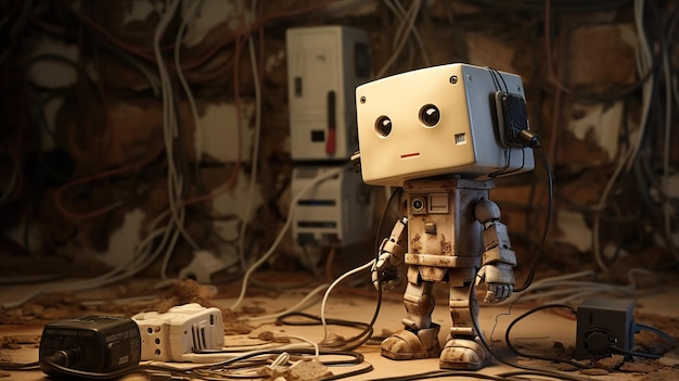 Photo cute little retro robot holding a cord outdated technology concept