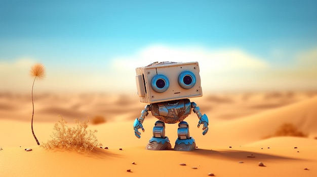 Cute little robot in the desert with a blue sky Ai generated