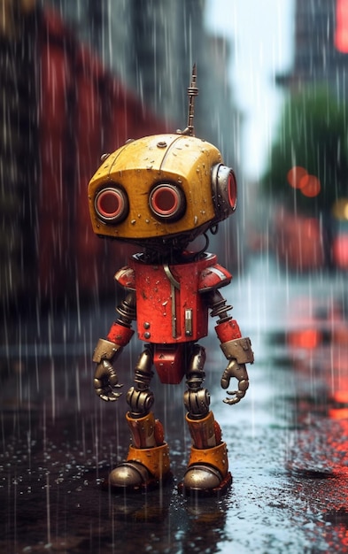 Cute little robot standing down rain illustration picture AI generated art