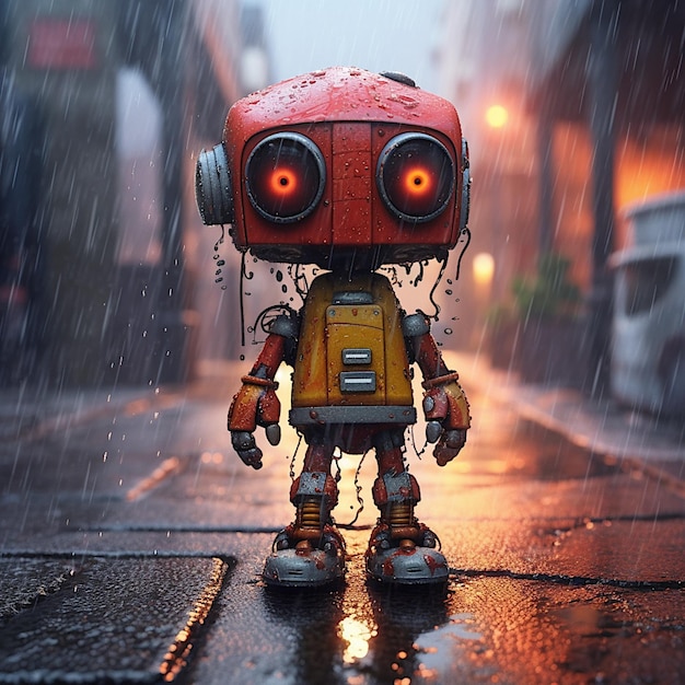 A cute little robot standing down in the rain