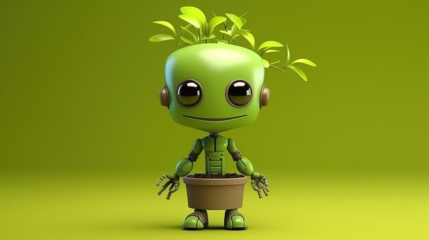 Cute little robot with plants agriculture concept smart farming beautiful illustration generativ