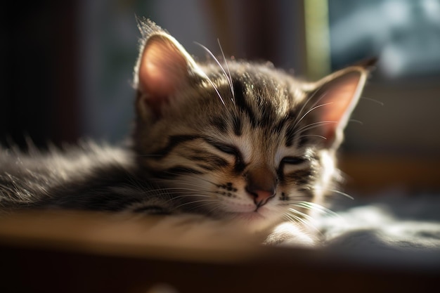 Cute little sleeping kitten under the sunlights Generated ai