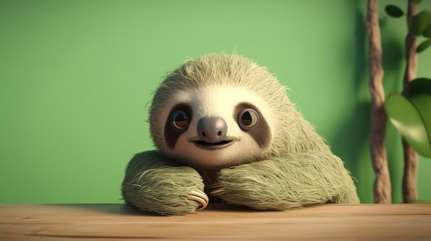 Cute little sloth on green background Generative AI