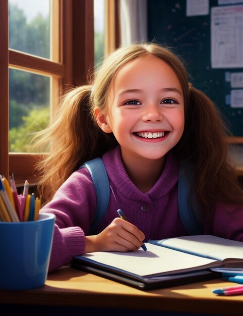 Photo cute little smiling school girl doing homework indoors