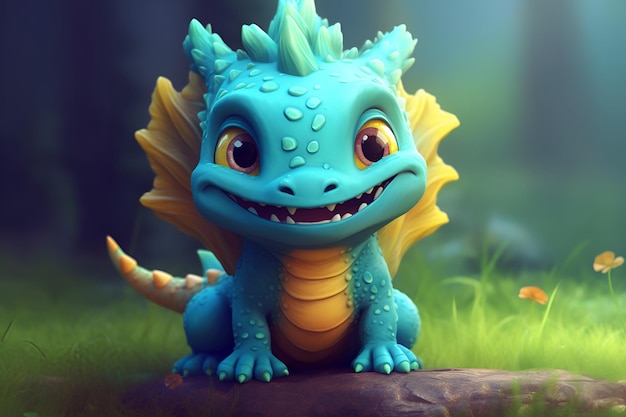 Милый маленький улыбающийся дракон Мультяшный забавный дракончик с крыльями, хвостом и рогами Счастливые персонажи фэнтези голова Молодой мифический монстр-рептилия Сгенерировано искусственным интеллектом