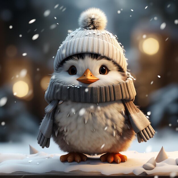 Foto piccolo passero carino con cappello a maglia e lanterne nevose di scarfit sullo sfondo di natale