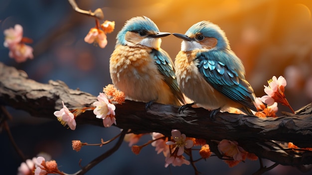 Cute little spring birds sitting on the branch