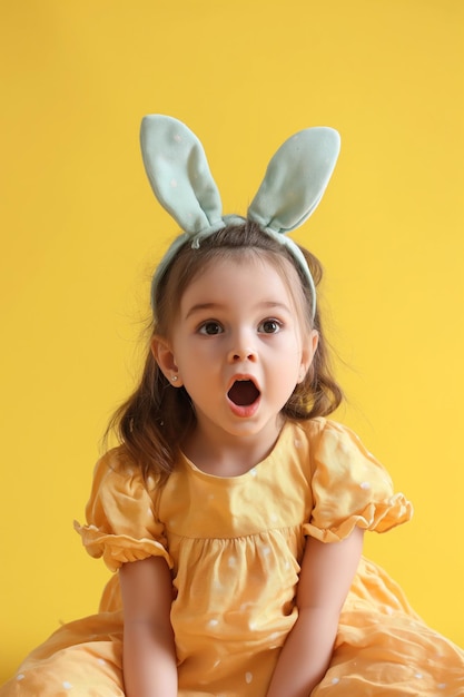 Cute little surprised girl wears blue toy bunny ears sitting against yellow background