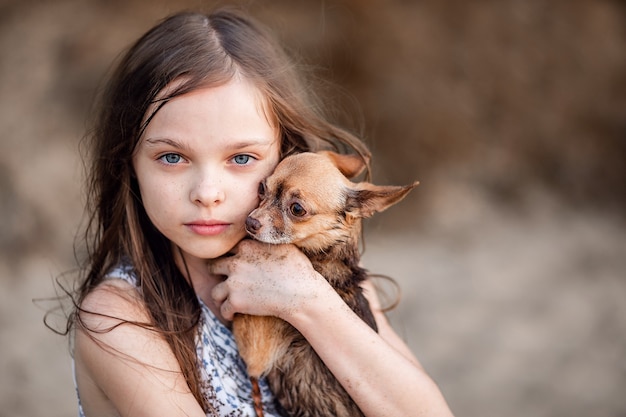 Cute little teen girl hugs her dog. Portrait of a child with a Chihuahua. A girl with long hair shows love and tender feelings for a pet. A thoroughbred dog in the hands of its owner.