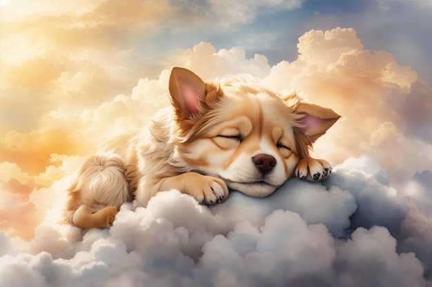 cute little terier dog watercolor drawing sleeping on a cloud ai generative