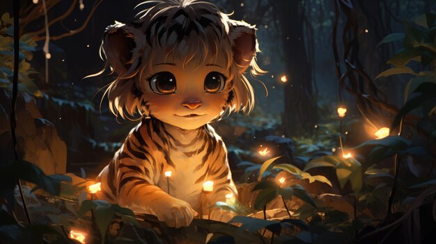 a cute little tiger in the forest night snow