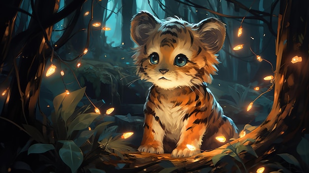 a cute little tiger in the forest night snow