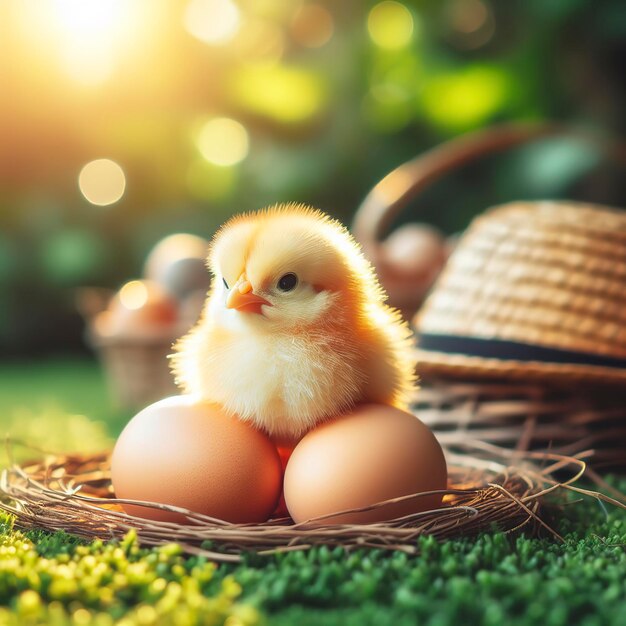 cute little tiny newborn yellow baby chick and three chicken farmer eggs in the green grass