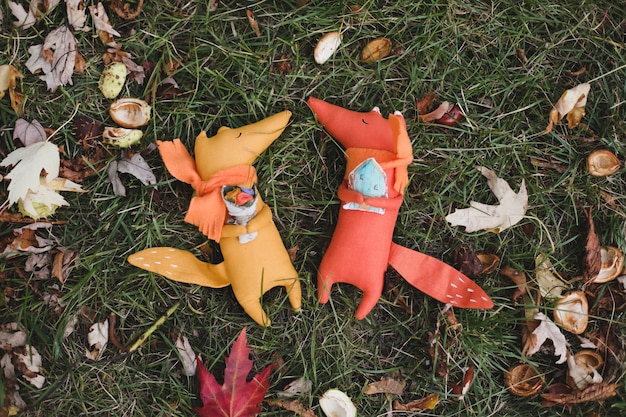 Cute little toys sit in a basket in the autumn garden