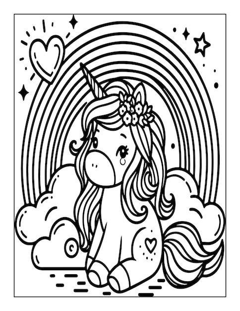 Photo cute little unicorn black outline children coloring page for kids