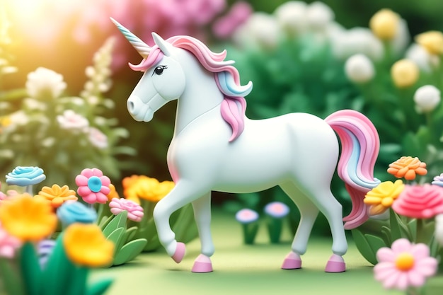 Photo cute little unicorn on a lawn with bright flowers and shrubs