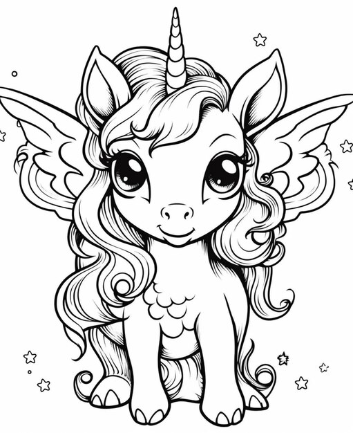 Photo a cute little unicorn with a big horn and stars on her head generative ai
