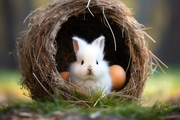 Foto dolce coniglietto bianco con l'uovo di pasqua in mano