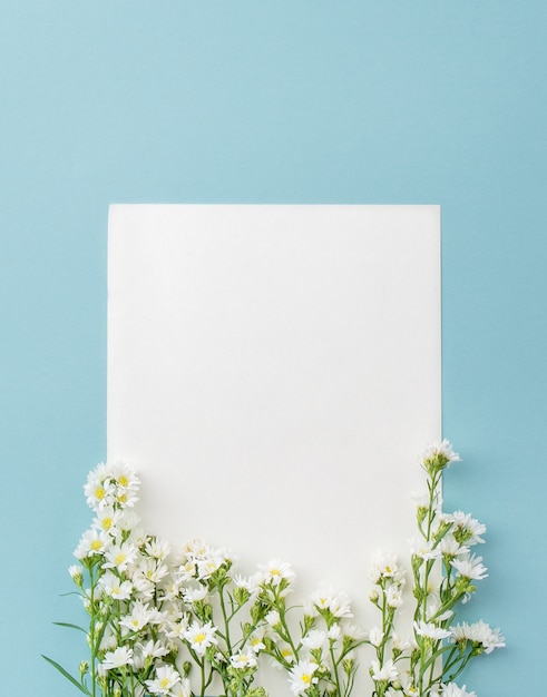 Cute little white cutter flowers on light blue background with paper frame space