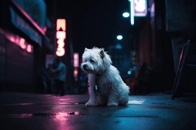 Photo cute little white dog on the cyberpunk neon city street