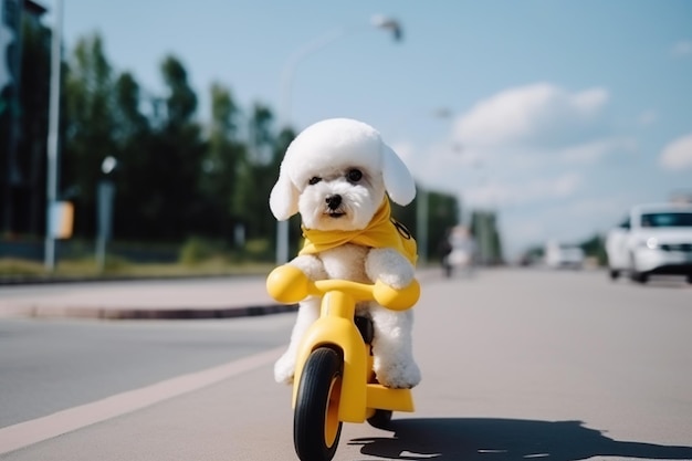 a cute little white dog riding a yellow bike