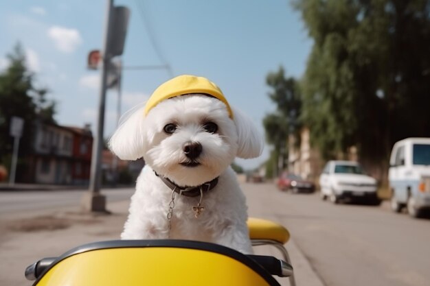 a cute little white dog riding a yellow bike