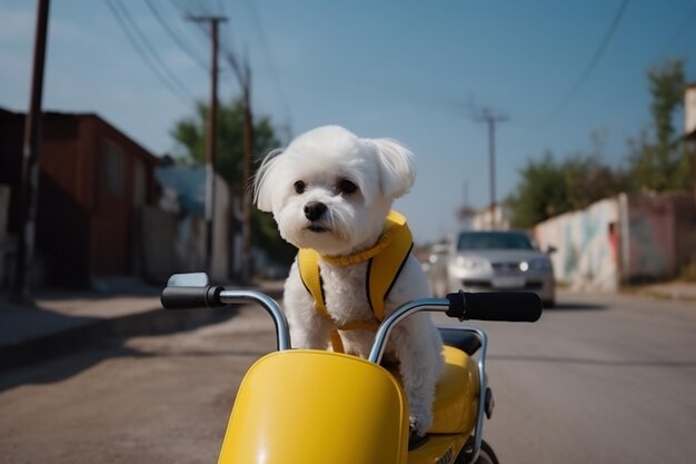 a cute little white dog riding a yellow bike